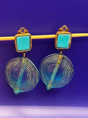 Vintage Dominique Denaive Paris Blue Resin Swirl Clip-On Drop Earrings